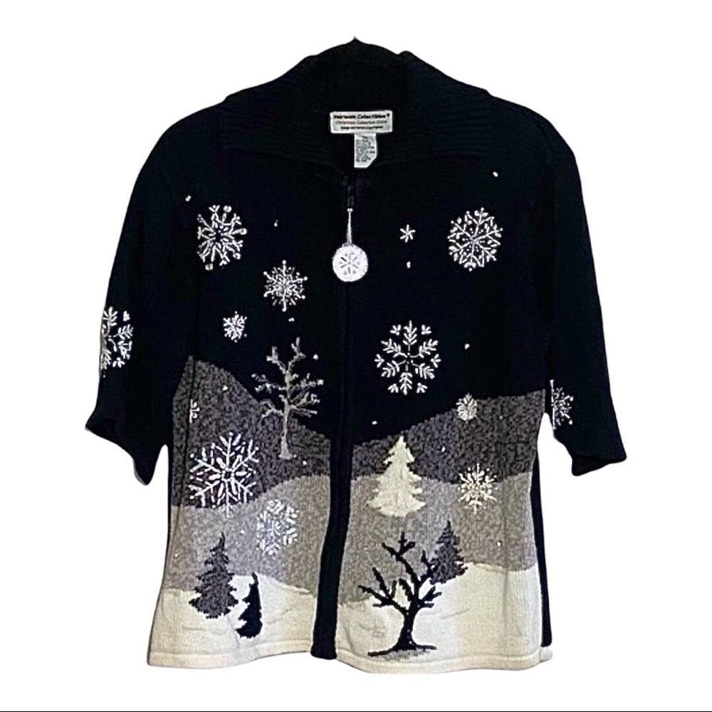 Holiday Christmas Black Ramie Cotton Blend Zip Med Y